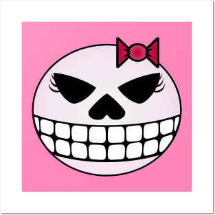 Girlie Grinning Skull with Ribbon Posters and Art